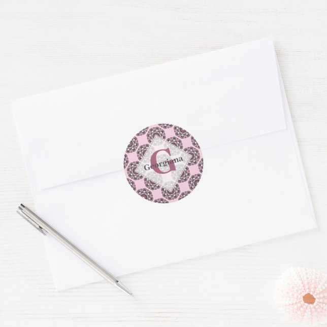 Custom Name Dusky Rose Cherry Blossom Dot Mandala Classic Round Sticker (Envelope)