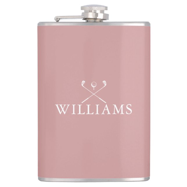 Custom Name Dusty Rose Pink Golf Clubs Hip Flask (Front)
