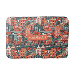 Custom Name Dutch Houses Pattern Bath Mat