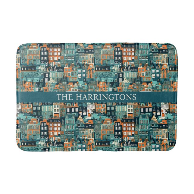 Custom Name Dutch Houses Pattern Bath Mat (Front)