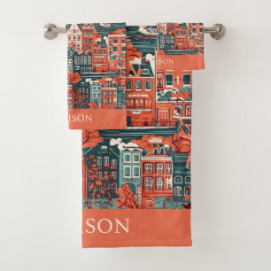 Custom Name Dutch Houses Pattern Bath Towel Set