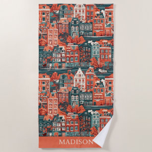 Custom Name Dutch Houses Pattern Beach Towel