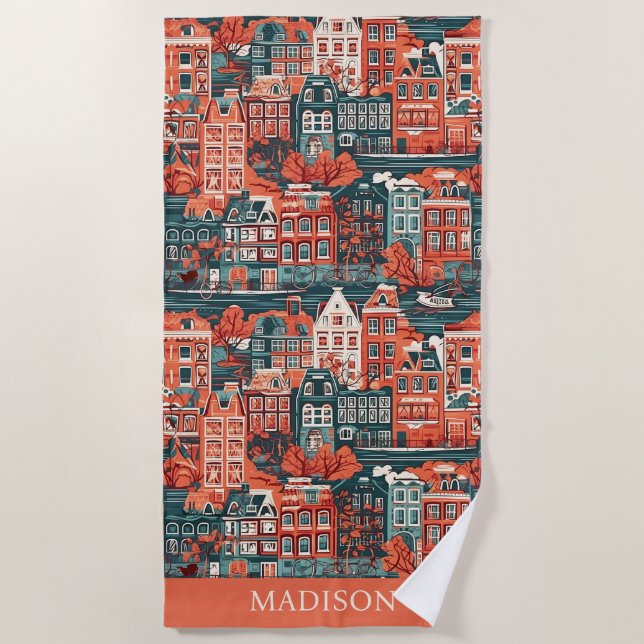 Custom Name Dutch Houses Pattern Beach Towel (Front)