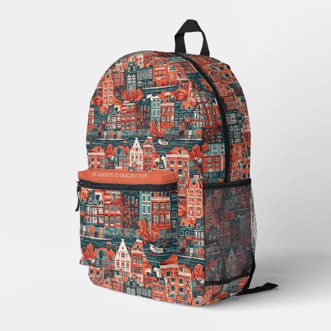 Custom Name Dutch Houses Pattern Printed Backpack (Back Corner Right)