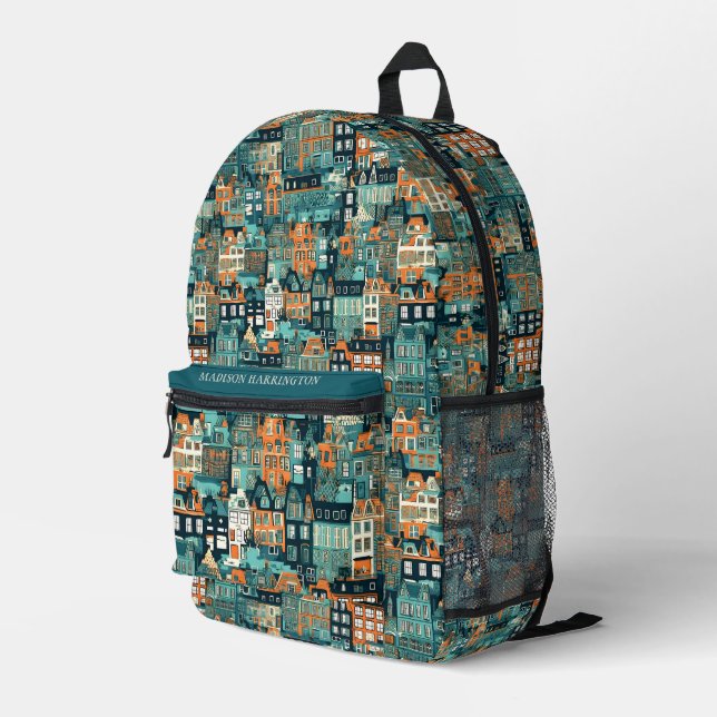 Custom Name Dutch Houses Pattern Printed Backpack (Back Corner Right)