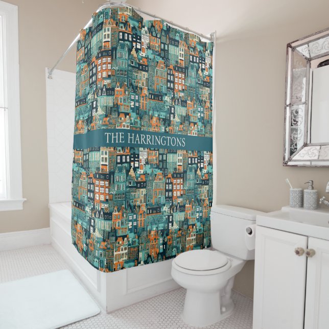 Custom Name Dutch Houses Pattern Shower Curtain (In Situ)