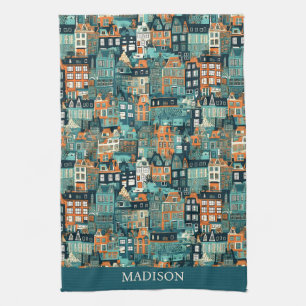 Custom Name Dutch Houses Pattern Tea Towel