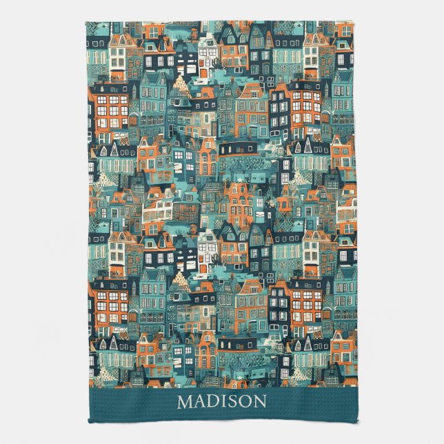 Custom Name Dutch Houses Pattern Tea Towel (Vertical)