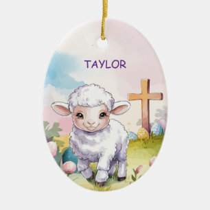 Custom Name Easter Blessings Lamb and Cross Christ Ceramic Ornament