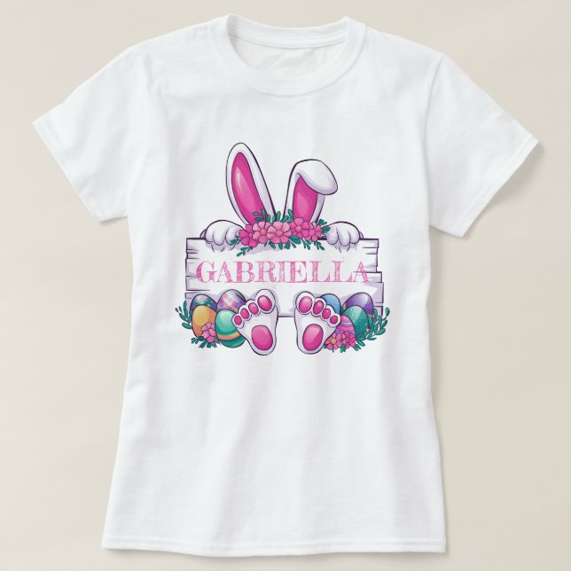Custom Name Easter Tee; Cute Bunny & Eggs  T-Shirt (Design Front)