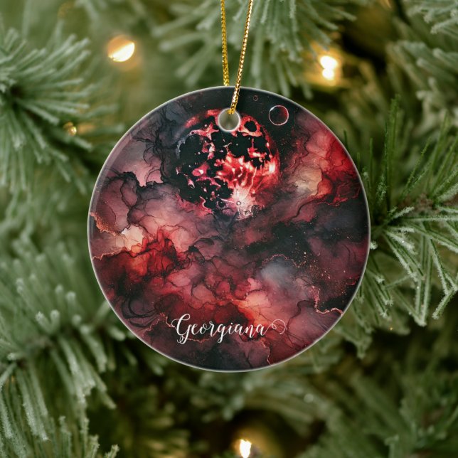 Custom Name Eerie Blood Moon Halloween Alcohol Ink Ceramic Ornament (Tree)