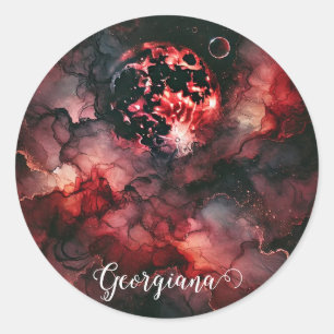 Custom Name Eerie Blood Moon Halloween Alcohol Ink Classic Round Sticker