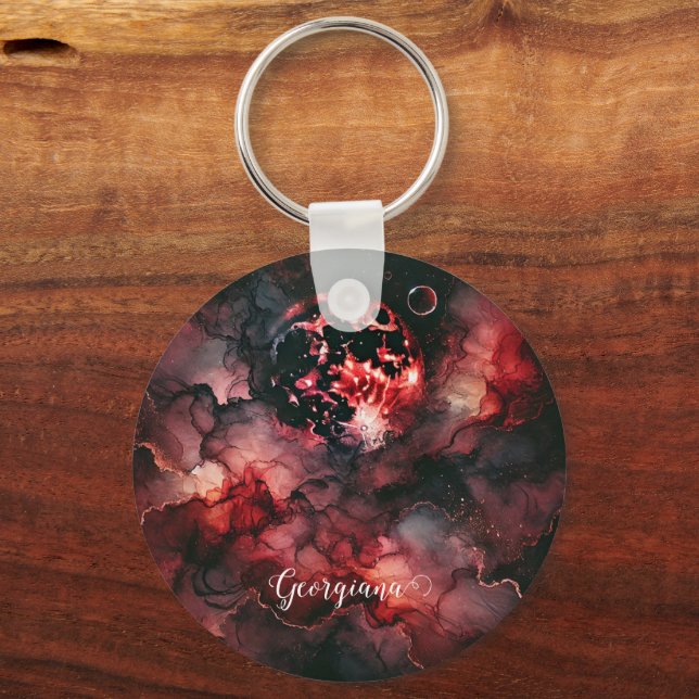 Custom Name Eerie Blood Moon Halloween Alcohol Ink Key Ring (Front)