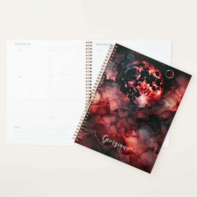 Custom Name Eerie Blood Moon Halloween Alcohol Ink Planner (Display)