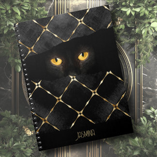 Custom Name Elegant Black Cat Eyes in the Dark Notebook
