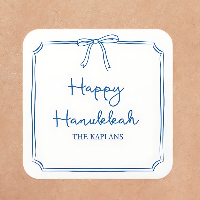 Custom Name Elegant Blue Bow Hanukkah GIft Square Sticker (Creator Uploaded)