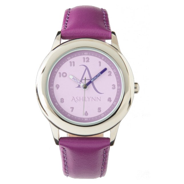 Custom Name Elegant French Lilac Kids Monogram Watch (Front)