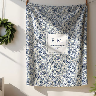 Custom Name Elegant French Toile Blue Blanket
