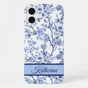 Custom Name Elegant French Vintage Blue Floral iPhone 16 Plus Case