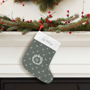 Custom Name Elegant Garland Wreath Monogram Green Large Christmas Stocking