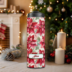 Custom Name Elegant Gold Poinsettia Flower Thermal Tumbler