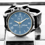 Custom Name Elegant Monogram Wedding  Navy Watch<br><div class="desc">Personalized Couple Names Initials Monogram Navy Watch – Elegant & Timeless Gift Celebrate love and style with this Custom Couple Names Initials Monogram Navy Watch, a perfect blend of elegance, sophistication, and personalization. Featuring a classic monogram design with your custom initials and names, this luxury wristwatch is a timeless keepsake...</div>