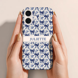 Custom Name Elegant Vintage Floral Blue Bows iPhone 16 Case