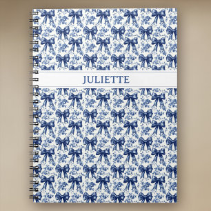 Custom Name Elegant Vintage Floral Blue Bows Notebook