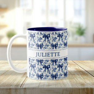 Custom Name Elegant Vintage Floral Blue Bows Two-Tone Coffee Mug