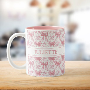 Custom Name Elegant Vintage Floral Blush Pink Bows Two-Tone Coffee Mug
