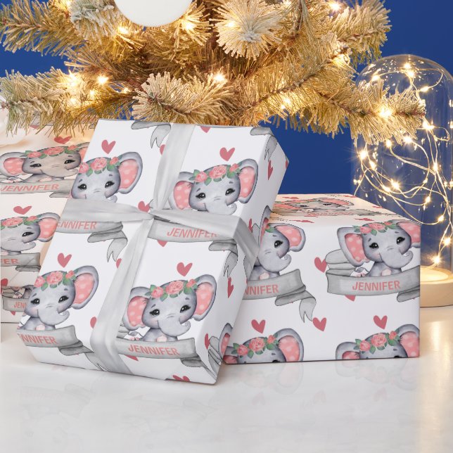 Custom Name Elephant Baby Girl Heart Pattern Wrapping Paper (Holidays)