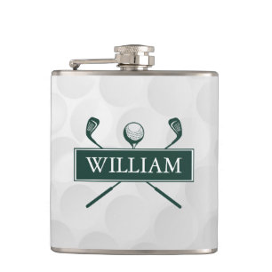 Custom Name Emerald Green Clubs And Ball Hip Flask