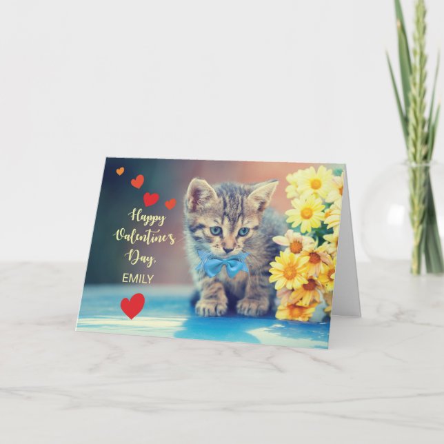 Custom Name Emily Love Valentine Kitten, Daisies Card (Front)