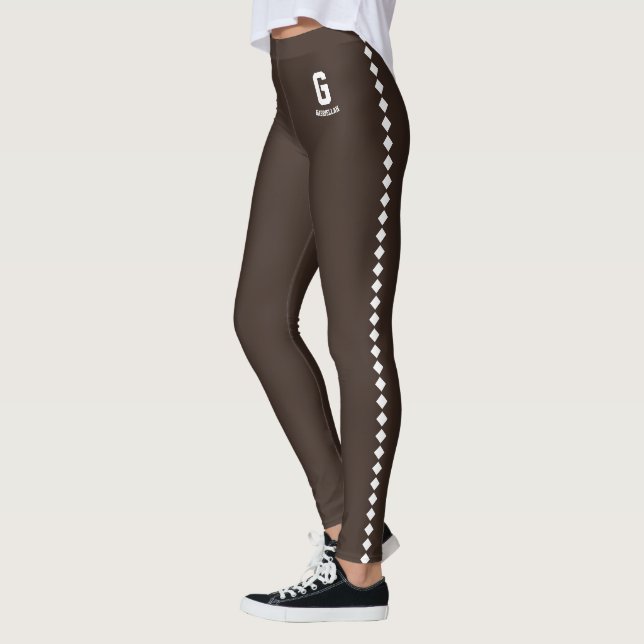 Custom Name Espresso Brown White Pattern Monogram Leggings (Left)
