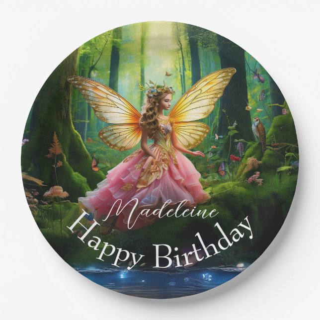 Custom Name Fairy Woodland Forest Happy Birthday Paper Plate (Front)
