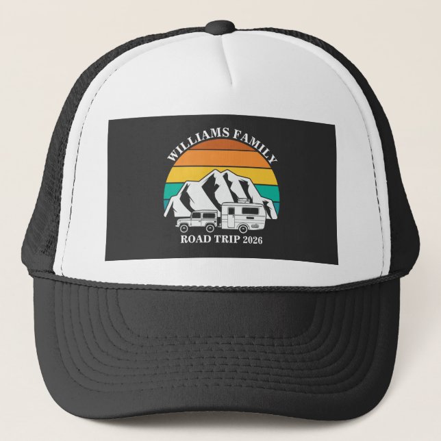custom name family vacation mountain Road Trip Trucker Hat (Front)