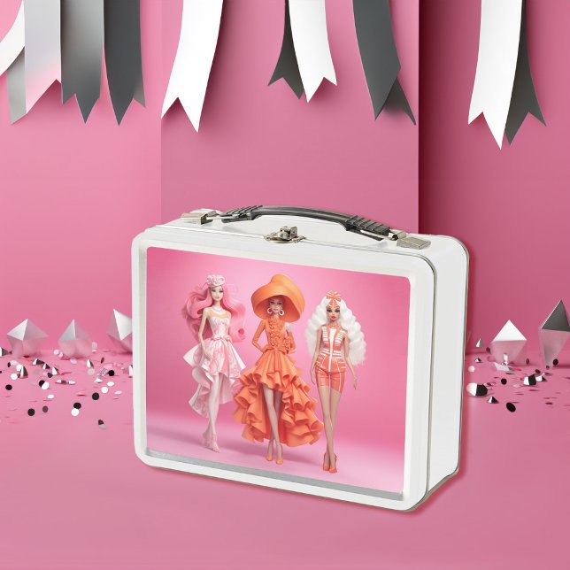 CUSTOM name | Fashion Doll Collection Pink Orange Metal Lunch Box (Calling all fashionistas!)