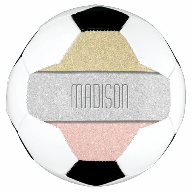 Custom Name Faux Glitter Bling Soccer Ball (Front)