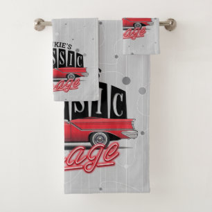 Custom NAME Faux Neon 1950's Classic Car Garage Bath Towel Set