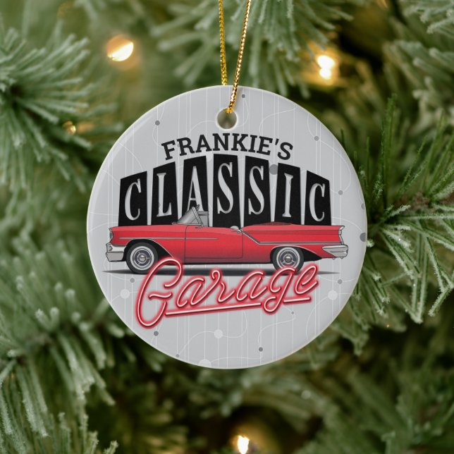 Custom NAME Faux Neon 1950's Classic Car Garage Ceramic Ornament (Tree)