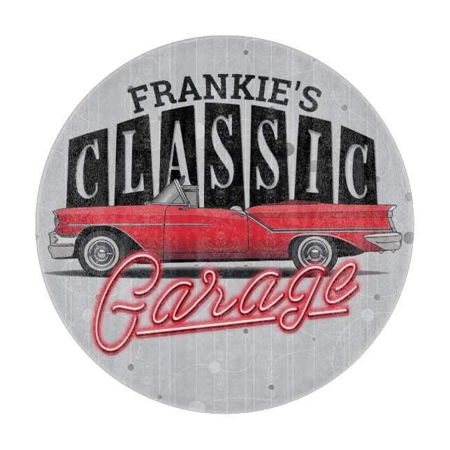Custom NAME Faux Neon 1950's Classic Car Garage Cutting Board (Front)