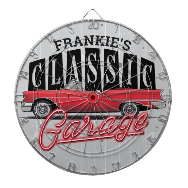 Custom NAME Faux Neon 1950's Classic Car Garage Dartboard (Front)