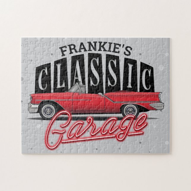 Custom NAME Faux Neon 1950's Classic Car Garage Jigsaw Puzzle (Horizontal)