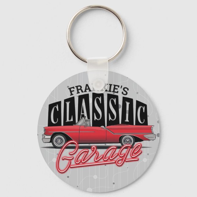 Custom NAME Faux Neon 1950's Classic Car Garage Key Ring (Front)