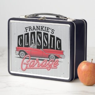 Custom NAME Faux Neon 1950's Classic Car Garage Metal Lunch Box