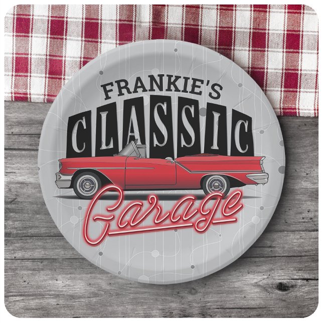 Custom NAME Faux Neon 1950's Classic Car Garage Paper Plate (Creator Uploaded)