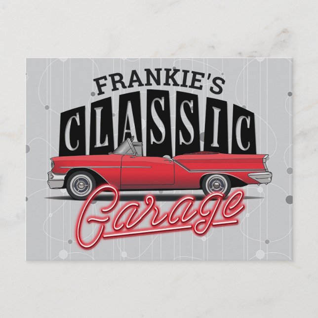 Custom NAME Faux Neon 1950's Classic Car Garage Postcard (Front)