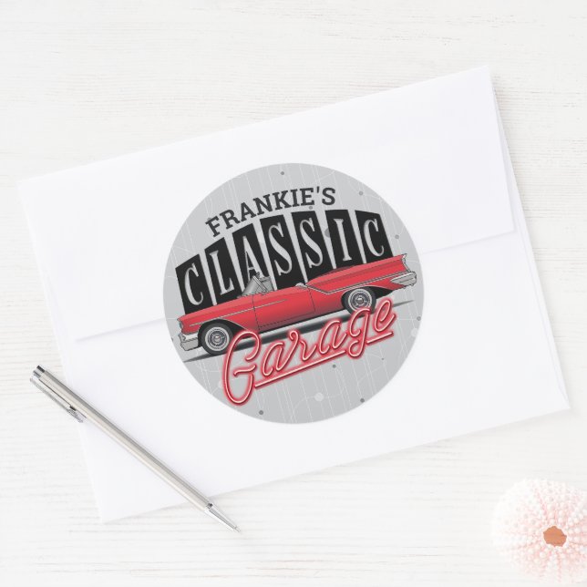 Custom NAME Faux Neon 1950's Classic Car Garage Round Sticker (Envelope)