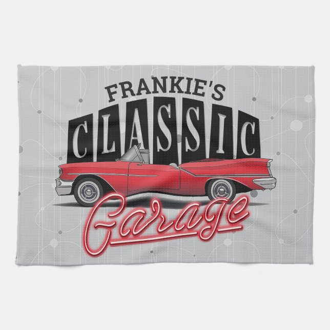 Custom NAME Faux Neon 1950's Classic Car Garage Tea Towel (Horizontal)