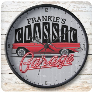 Custom NAME Faux Neon Classic Car Dad's Garage Large Clock